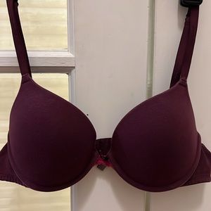 Aerie padded burgundy bra with hot pink lace accents